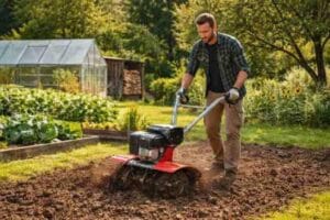 Aikuinen mies käyttää moottoroitua jyrsintä puutarhassa ja muokkaa ruskeaa maata istutusta varten. Taustalla näkyy kasvihuone, viljelypenkkejä ja vehreää kasvillisuutta aurinkoisena päivänä.