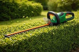 Vihreät ja mustat sähkökäyttöiset pensassakset lepäävät vastaleikatun pensasaidan päällä. Leikkausterä on asetettu aidan suuntaisesti, ja ilmassa näkyy irtoavia vihreitä lehtiä. Taustalla on vehreä puutarha pehmeässä päivänvalossa.