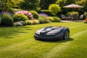 Moderni robottiruohonleikkuri leikkaa vihreää nurmikkoa huolitellussa puutarhassa. Taustalla näkyy istutuksia, pensaita ja terassialue aurinkovarjoineen. Kuva korostaa automaattisen nurmikonhoidon helppoutta ja siistiä lopputulosta.