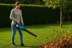 Nainen käyttää akulla toimivaa lehtipuhallinta syksyisellä pihalla