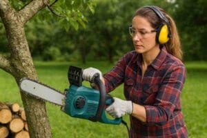 Nainen käyttää sähkösahaa puun katkaisemiseen pihalla