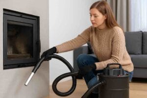 Nainen käyttää tuhkaimuria takan puhdistuksessa