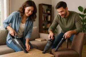 Kuvassa kaksi henkilöä siivoaa olohuoneessa käsikäyttöisillä rikkaimureilla. He kumartuvat pöydän ylle ja imuroivat pöydälle pudonneita murusia. Taustalla näkyy sohva, kirjahylly ja viherkasveja. Molemmat hymyilevät ja näyttävät nauttivan yhteisestä siivoushetkestä.