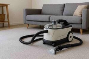 Vaalea, pyörillä kulkeva tekstiilipesuri seisoo olohuoneen matolla letku ja kirkas suutin etualalla. Taustalla näkyy harmaa sohva ja vaalea sisustus.